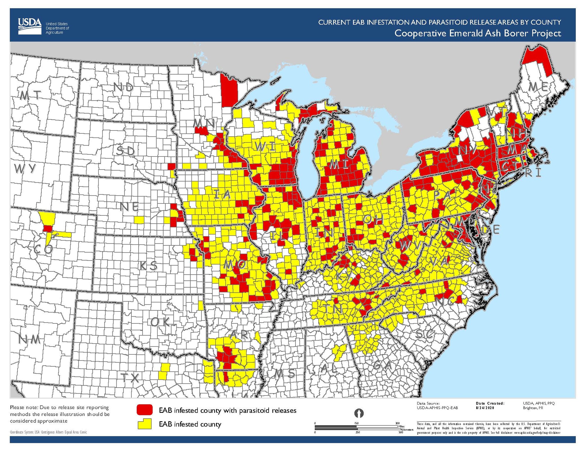 Color map showing counties infested with emerald ash borer and counties where parasitoids were released