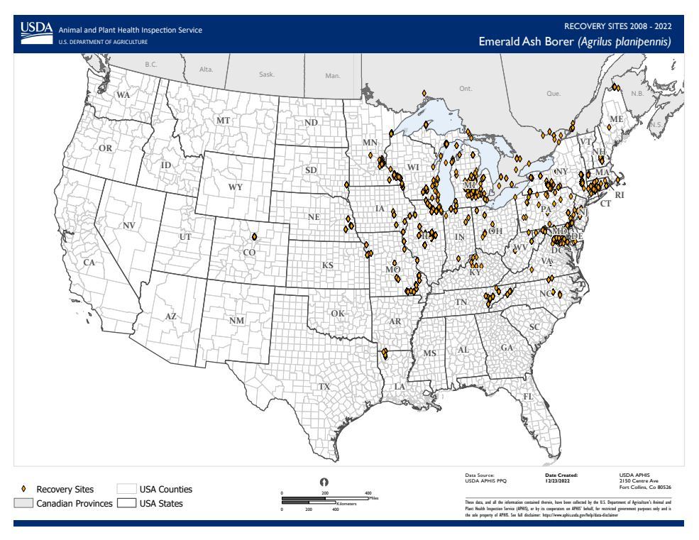 Map showing locations in the United States where parasitoids were recovered in 2022