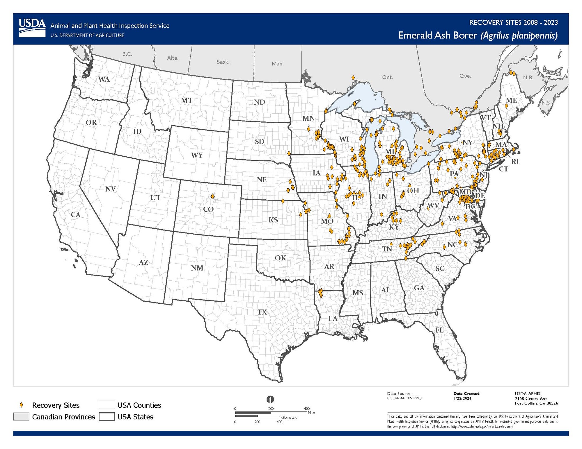 Map showing recovery locations for parasitoids in the United States