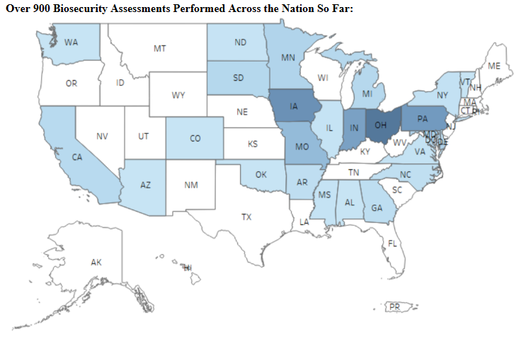 U.S. map - biosecurity assessments performed across the nation