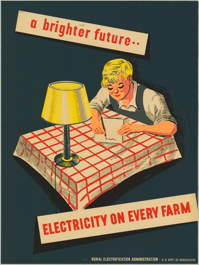 Poster shows a young man sitting at a table writing.  A lamp on the table lights the surface.