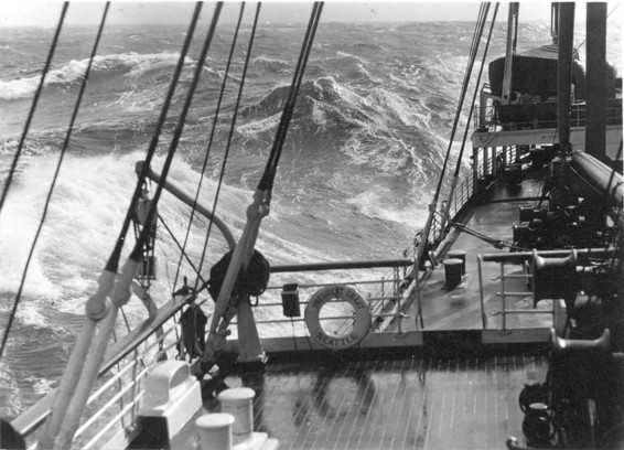 Looking aft at a stormy sea