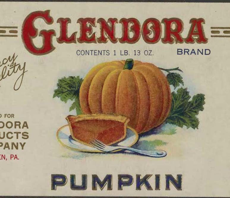 Glendora brand can label for pumpkin with colored drawing of a pumpkin and a plate containing a slice of pumpkin pie