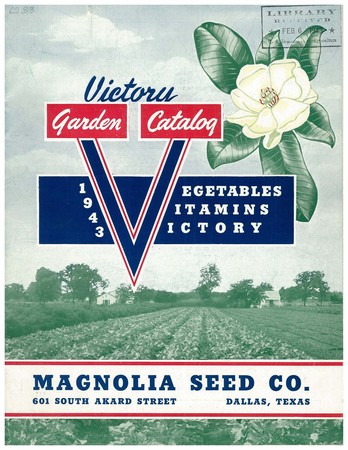 Black and white photograph of a field with a "V" in color for Victory Garden Catalog, 1943