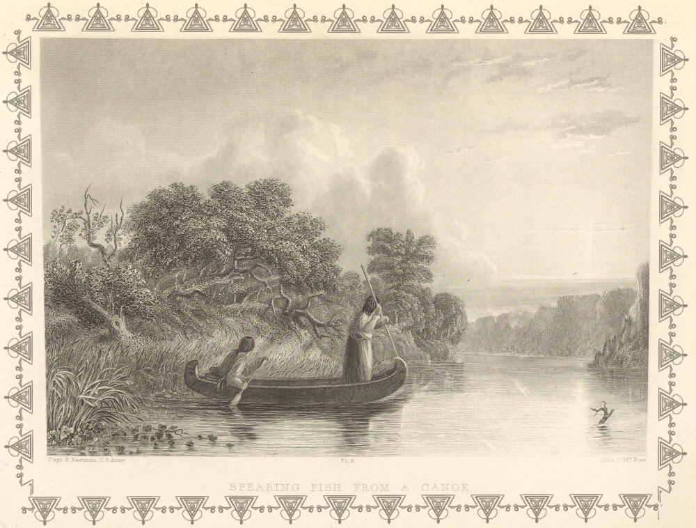 Black and white drawing of two people in a canoe in the water; one is spearing a fish.