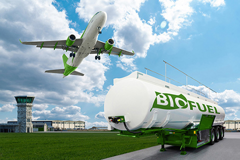 Illustration of an airplane flying over a fuel tanker labeled "Biofuel".