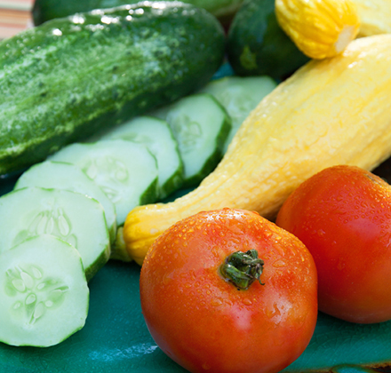 Cucumbers, yellow squash and tomatoes