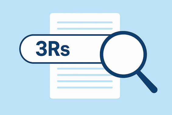 Graphic of a white page with blue lines. There's a search bar over the page that says "3Rs" with a magnifying glass to the right. 