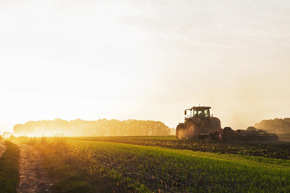 A tractor in a field plows the ground at dawn (Getty stock photo)