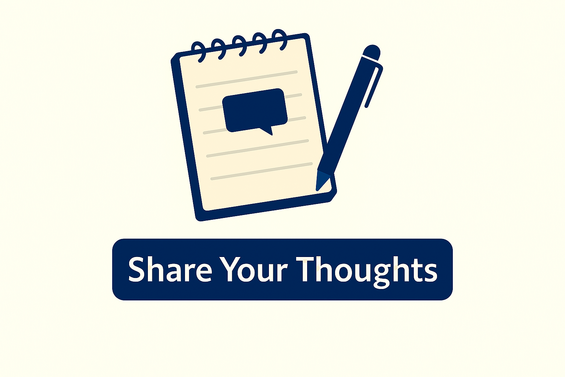 A pen and paper icon with the phrase share your thoughts below it. 