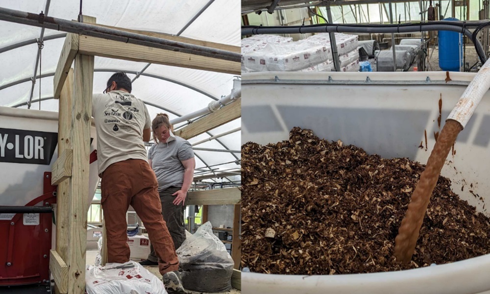 ARS Collaborator Dr. Abhinav Choudhury supervises aquaculture waste, mixed with wood shavings, to create a plant-safe fertilizer through composting