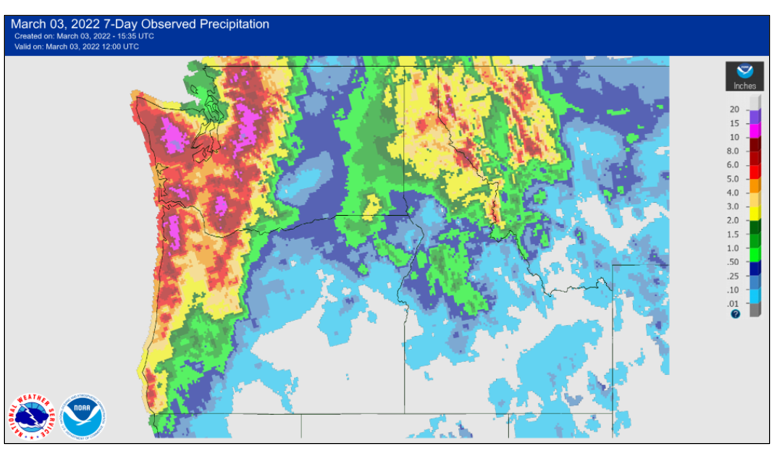 NWS map of the Pacific Northwest, depicting precipitation levels caused by the recent atmospheric river