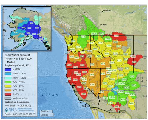 USDA-NRCS National Water and Climate Center map depicting snowpack levels across the western U.S.