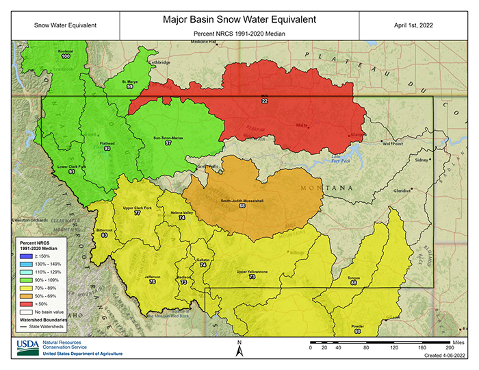 Map showing snow water equivalent for April 1, 2022.