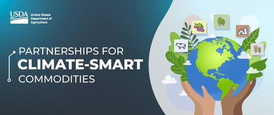 graphic of hands holding a globe with the words Partnerships for Climate Smart Commodities written on it