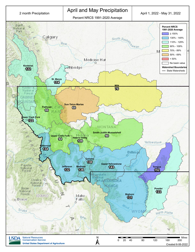 April and May mountain precipitation as a percent of average (1991-2020)