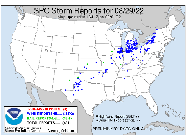 National Weather Service map of the contiguous U.S. depicting areas reported across the Upper Midwest experiencing varying kinds of storm activity