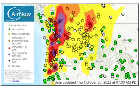 AirNow map of the Pacific Northwest depicting the range of air quality conditions caused by wildfire smoke in the region