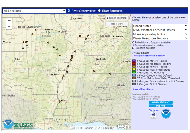 USGS map of the central U.S., depicting Mississippi River streamflow gage locations reporting water levels below low water threshold 