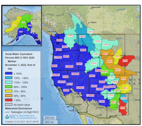 NRCS map of the western U.S. depicting snow water equivalent percentages after storms dumped snow across the region