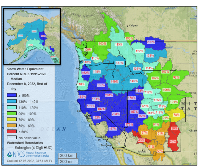 NRCS map of the western U.S. depicting varying snow water equivalent percentages from snowpack across the region