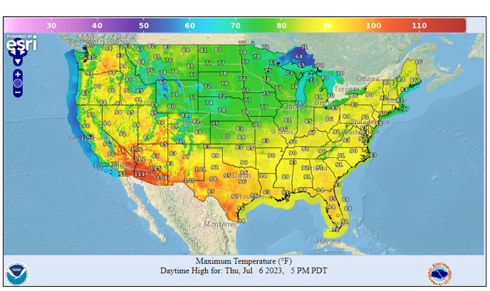 Map of the contiguous U.S. depicting regional temperatures for July 06. with high heat indexes for the southern and southwestern U.S.