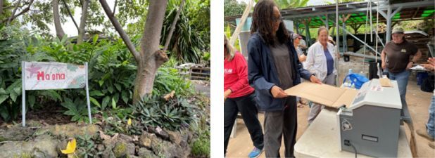 Left photo: Entrance welcoming all to the Ma'ona Garden. Right photo: NRCS Intern, Mitchell Edmond using the shredder.