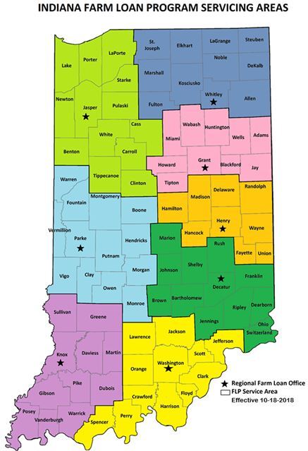 Map of Indiana's Regional Farm Loan Offices