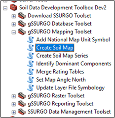 Soil Data Development Toolbox: The Create Soil Map script tool is highlighted within the gSSURGO Mapping Toolset of the Soil Data Development Toolbox.