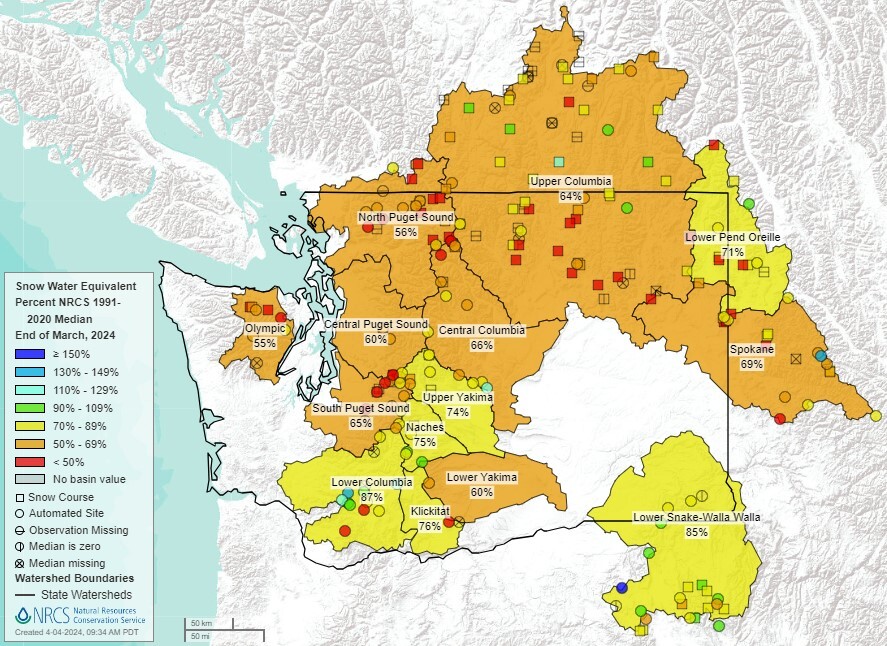 Map of Washington's basin snowpack % of median as of April 1