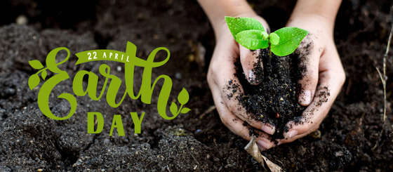 Hands holding small plant and soil with USDA NRCS logo - Earth Day title