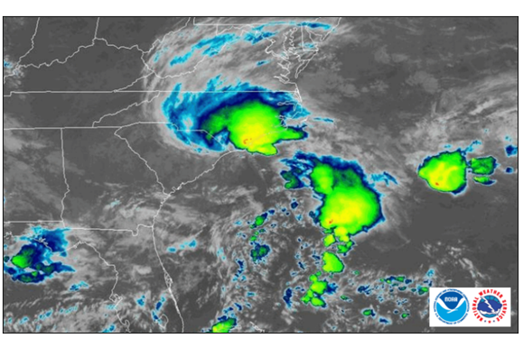 Satellite image depicting part of Potential Tropical Cyclone Eight's trajectory around the coastal southeastern U.S.