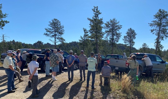 A group of people gathered to learn from multiple agencies about beaver dam analogs near Custer, SD.