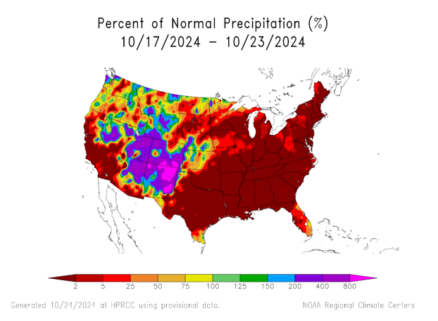 Map of the contiguous U.S. depicting regions in the Southwest the received 200 to 400 percent of normal precipitation between October 17 - 23, 2024