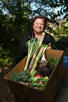 Lady holding box of fresh vegetables