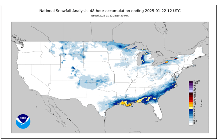 Map of the contiguous U.S. depicting snowfall totals accumulated between January 20-21
