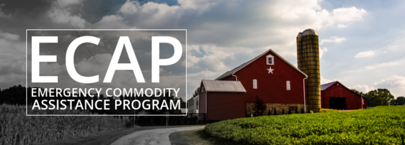 Emergency Commodity Assistance Program logo superimposed over photo of red barn