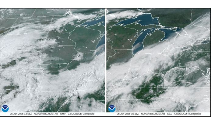 Satellite image of the Midwest taken June 5 depicting a stream of Canadian wildfire smoke blanketing much of the region