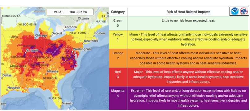 Map of the eastern U.S. depicting different levels of heat impacts in the region as of June 26