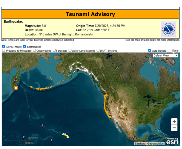 Satellite image of North America and eastern Russia coast, depicting U.S. regions under tsunami alert after July 29 earthquake