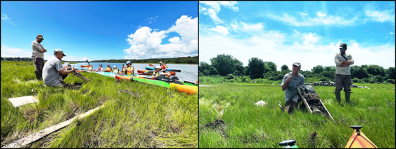 NRCS-RI Soil Scientist Jim Turenne & USFWS partner discuss coastal soils along Narrow River, RI, during July 15 2025 Wetland Scientists Tour.