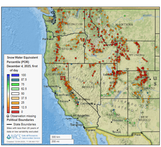 Map of the western U.S. depicting low snow water equivalent levels recorded at SNOTEL stations across the region