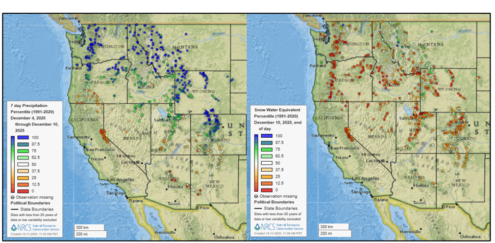 Two maps of the western U.S. displayed side-by-side, depicting current recorded SNOTEL snow water equivalent and precipitation measurements