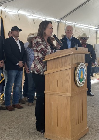 Secretary Rollins speaking to audience during groundbreaking for a new sterile fly facility in the Texas Rio Grande Valley region.