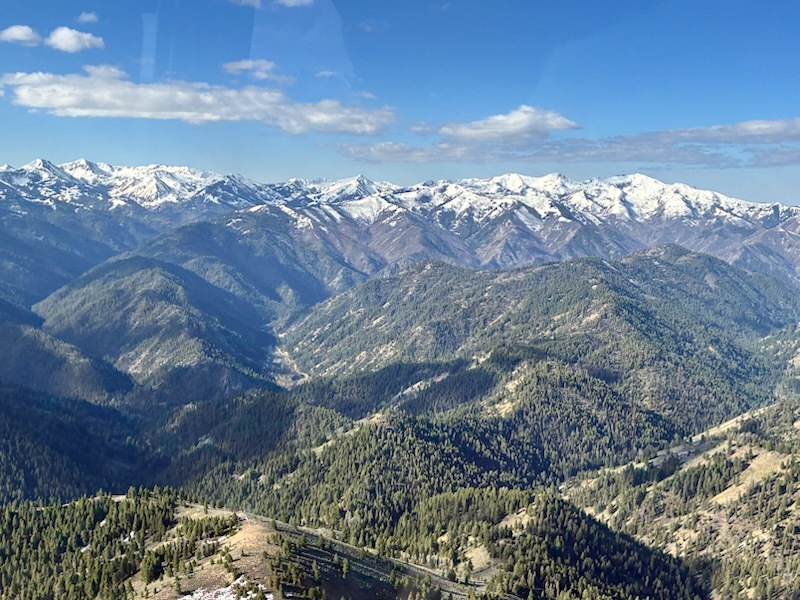 Flight over the Big Wood Basin shows snow above 8,000 but no lower on May 6, 2026.
