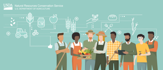 Graphic representing a variety of farmers, private woodland owners, and ag representatives promoting a virtual Local Work Group meeting.