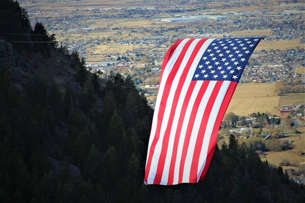 American flag over Coldwater Canyon on the Uinta-Wasatch-Cache National Forest