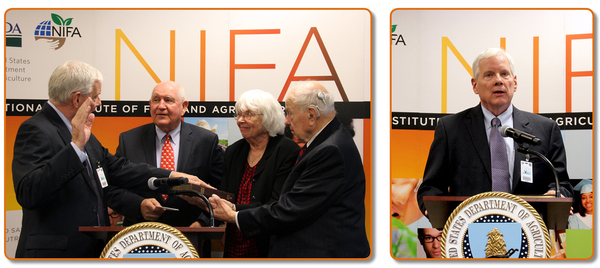 U.S. Agriculture Secretary Sonny Perdue swears in Dr. Scott Angle as the new Director of NIFA as his parents look on. 