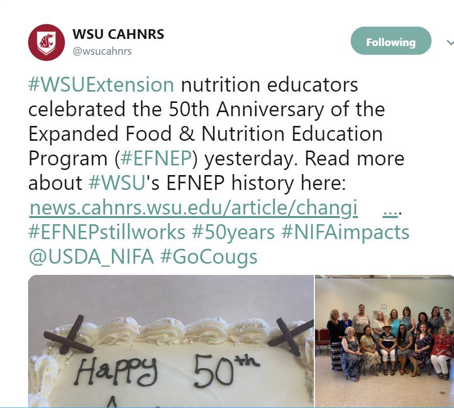 WSU EFNEP 50 Anniversary tweet. USDA NIFA Fresh From the Field. 