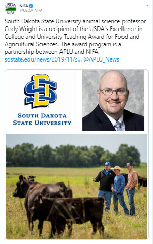 South Dakota State University Cody Wright NIFA Tweet